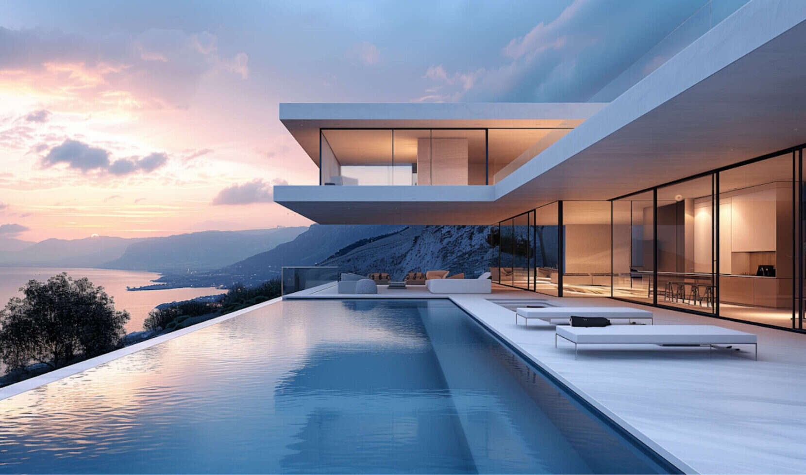 Modern villa with an infinity pool at sunset